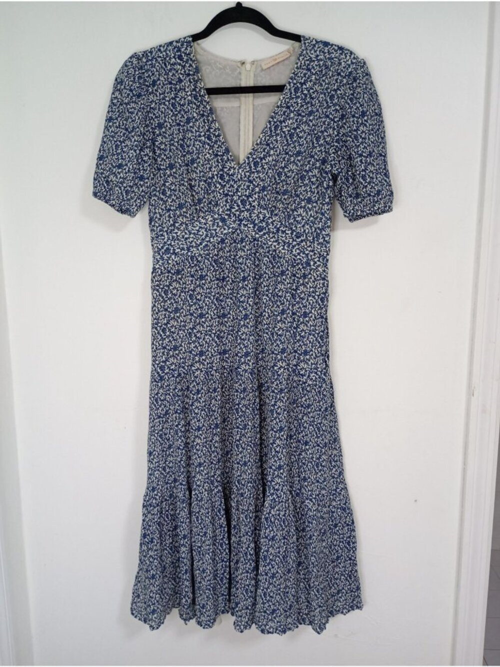 Tory Burch Floral Silk Cotton Midi Dress Puff Sleeves V-Neckline Womens Sz 2
